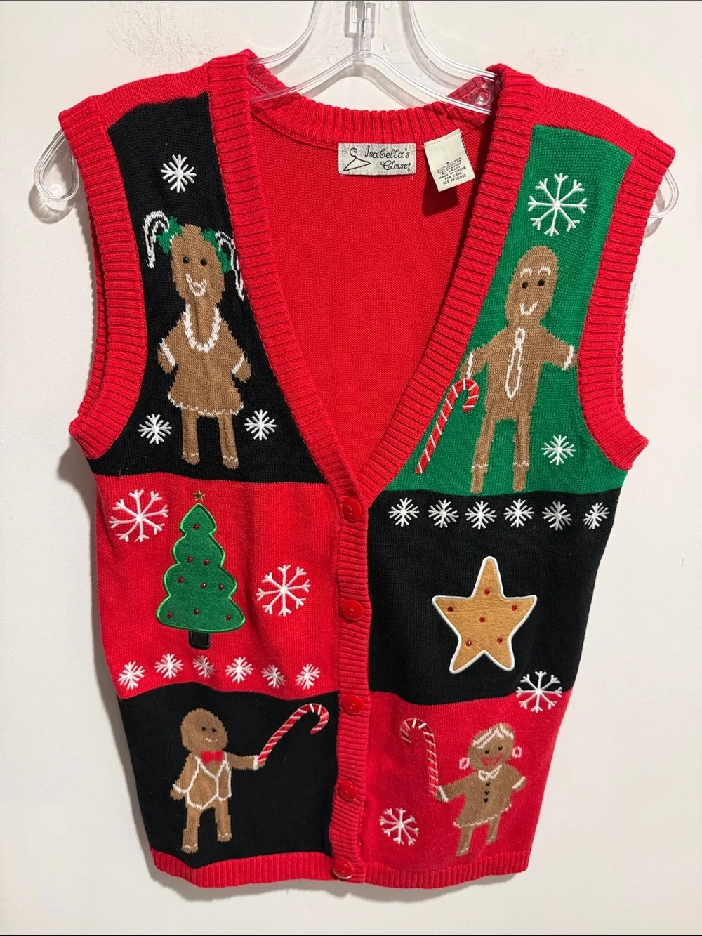 Vintage 100% Cotton Red & Green Gingerbread Holiday Sweater Vest Size Small